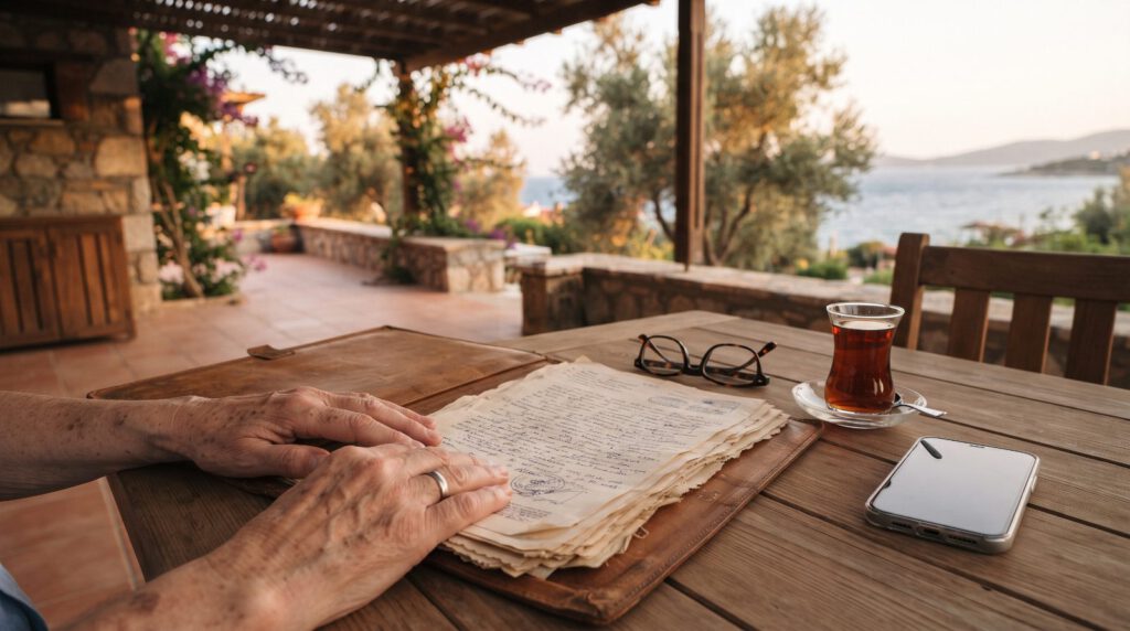 Türkiye'de bir terasta masada Alman emeklilik belgeleri, gözlük ve çay bardağı