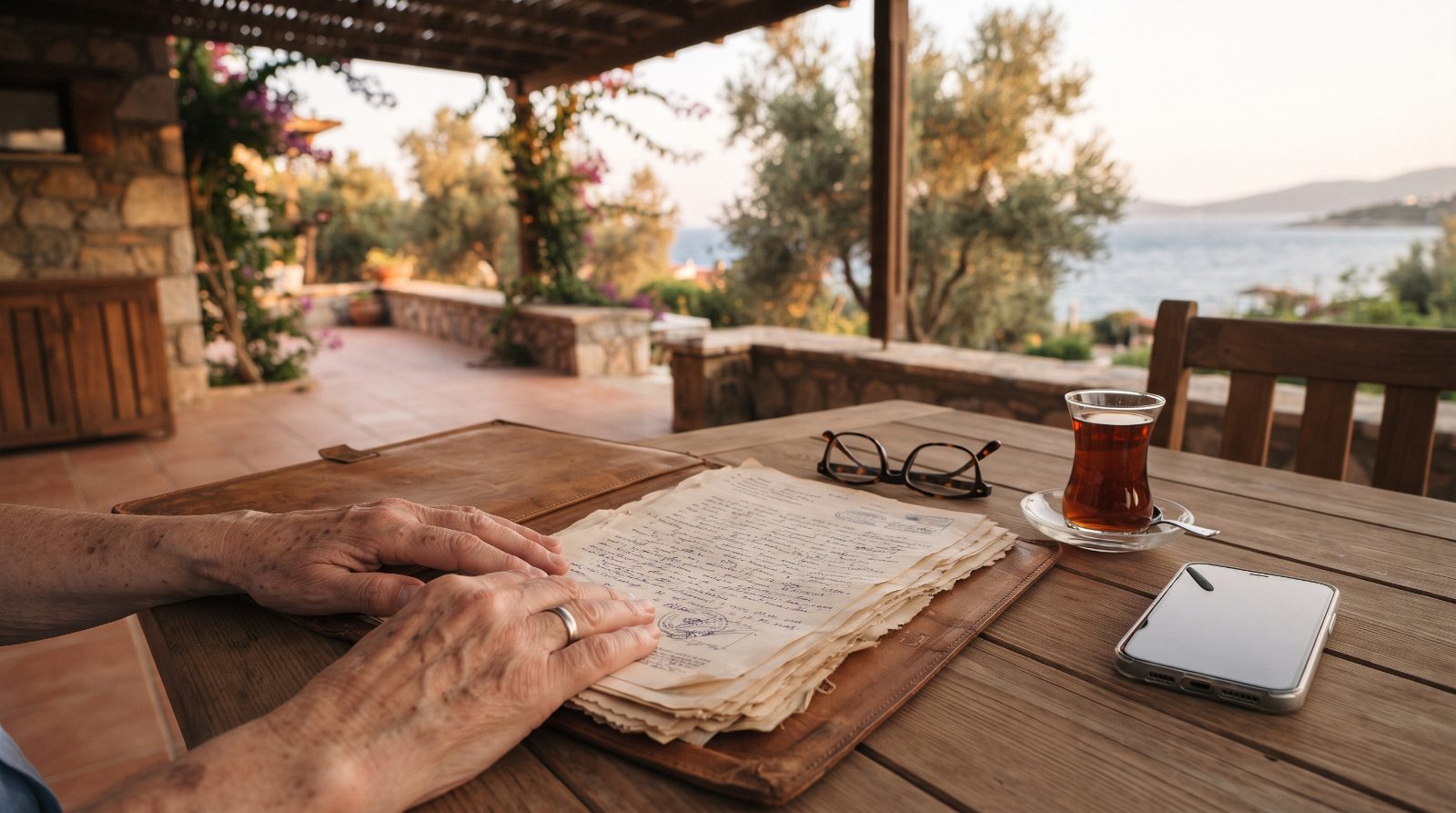 Türkiye'de bir terasta masada Alman emeklilik belgeleri, gözlük ve çay bardağı