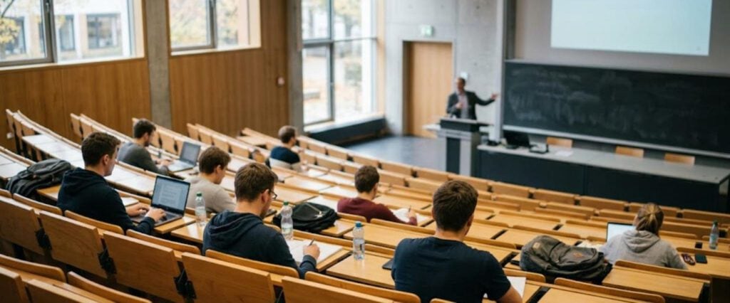 Aydınlık bir Alman üniversitesi amfisinde öğrenciler