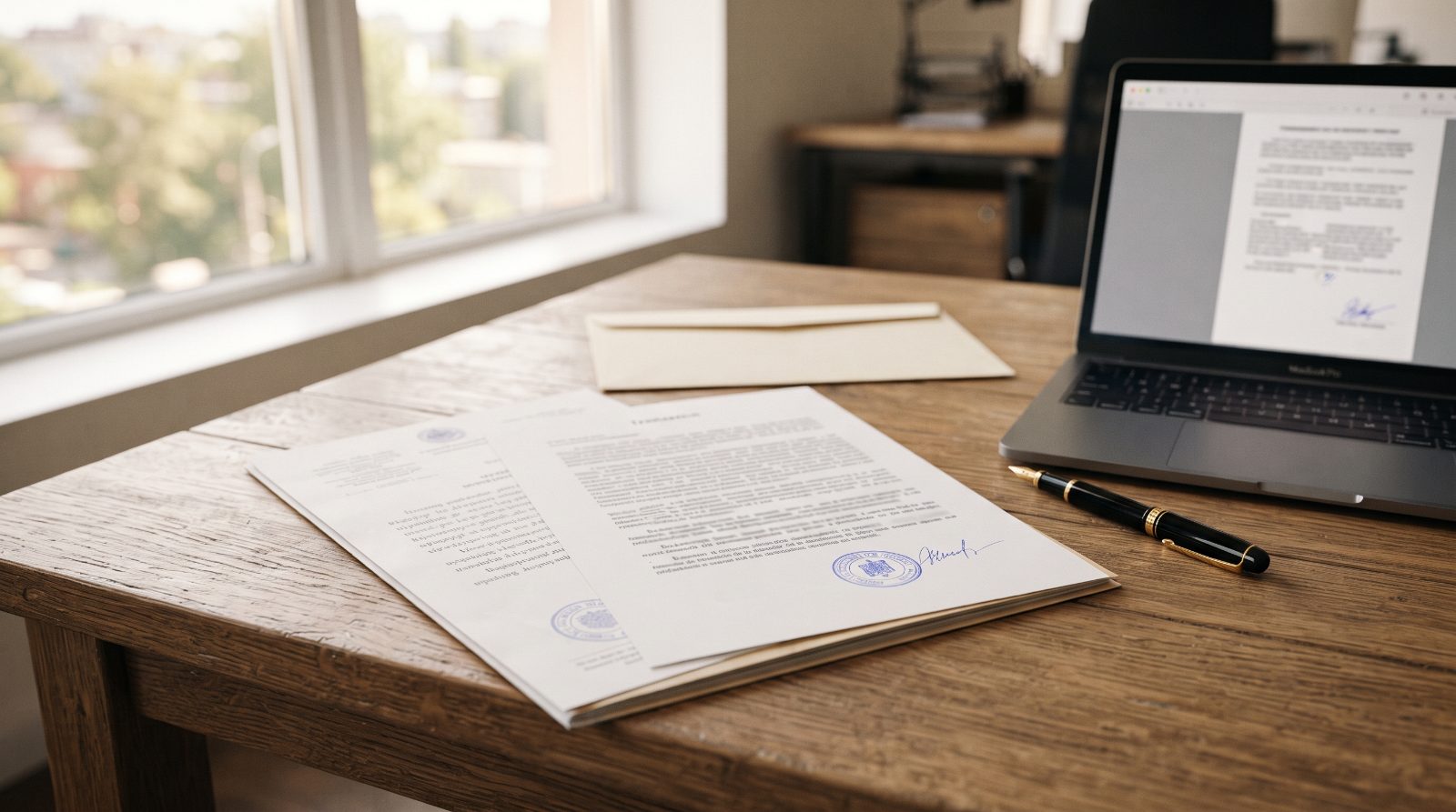Beglaubigte Übersetzung mit Stempel und Unterschrift neben der Originalurkunde und einem Laptop auf einem Schreibtisch