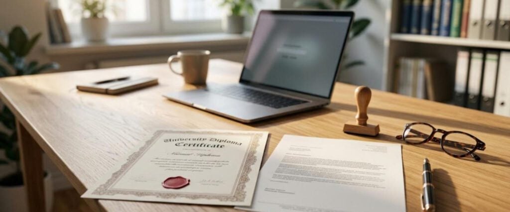 Tercüme masasında üniversite diploması, kaşe ve Almanca değerlendirme belgesi