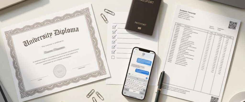 Masada diploma, barkodlu transkript, pasaport, kontrol listesi ve telefon