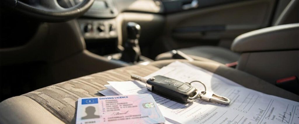 Führerscheinkarte, Autoschlüssel und Antragsunterlagen auf dem Beifahrersitz