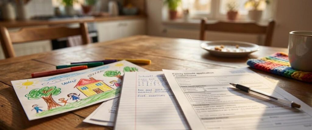 Kindergeldantrag, Kinderzeichnung und Schulhefte auf dem Küchentisch