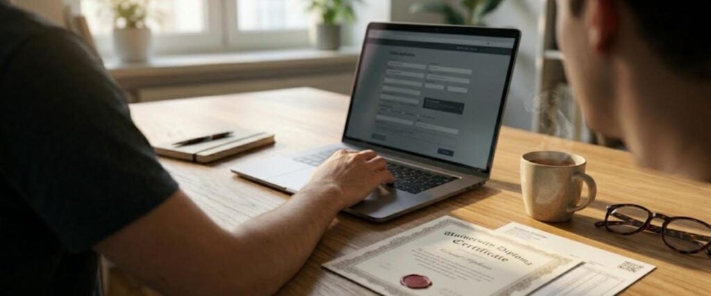 Laptopla online üniversite başvurusu yapan öğrenci, masada diploma